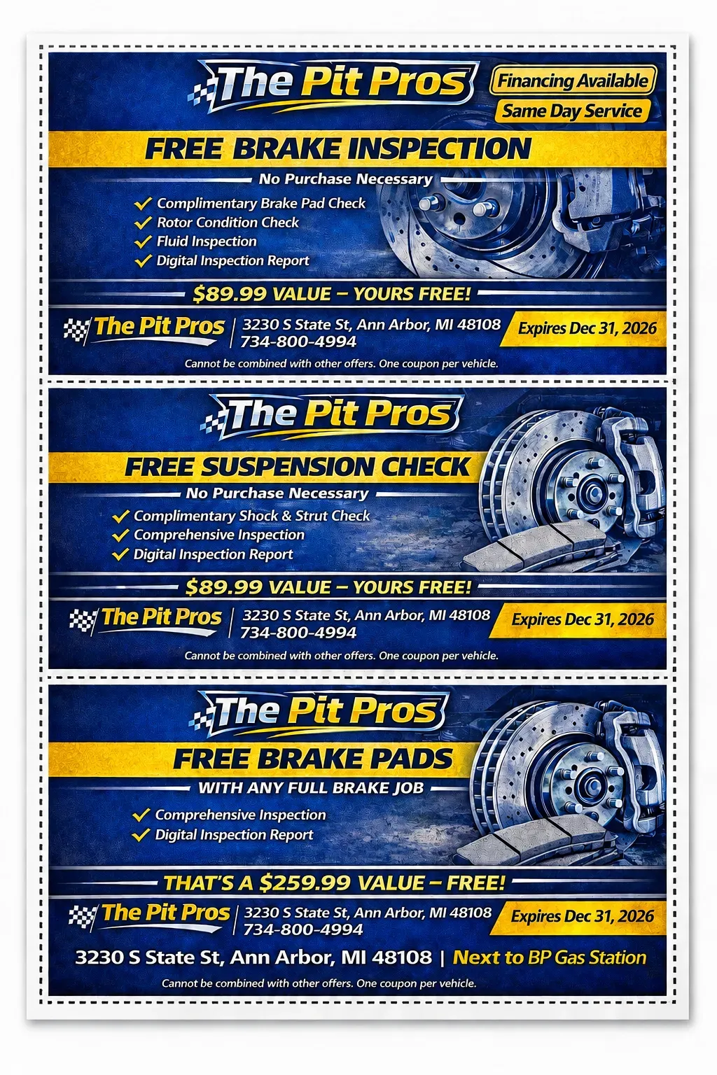 The Pit Pros coupons: free brake inspection, free suspension check and free brake pads with any full brake job, expires Dec 31, 2026